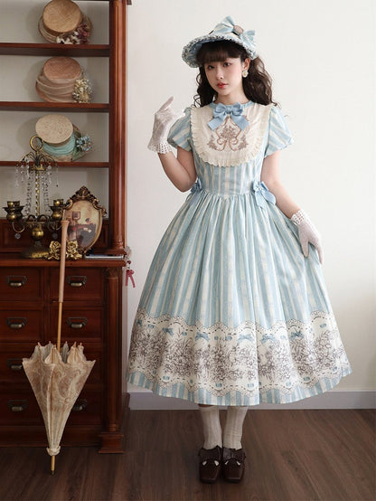 Embroidery One Bodice Piece Blue Floral Striped Classic and Bowknot Version Lolita Pattern Long