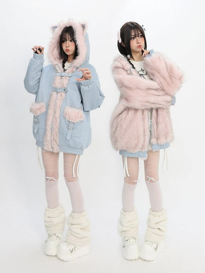 Women's Reversible Trim Fur Jacket Jirai Fashion Blue Cat Ears with Kei