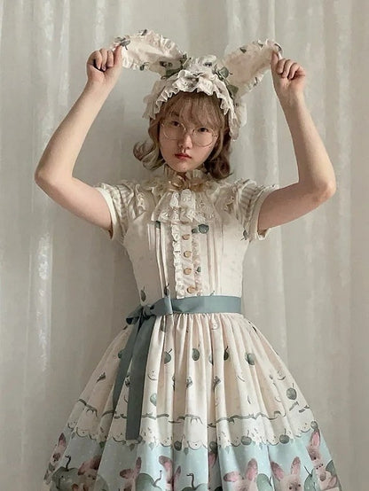 Green Ruffled Hairband Ear Bunny Beige Lolita