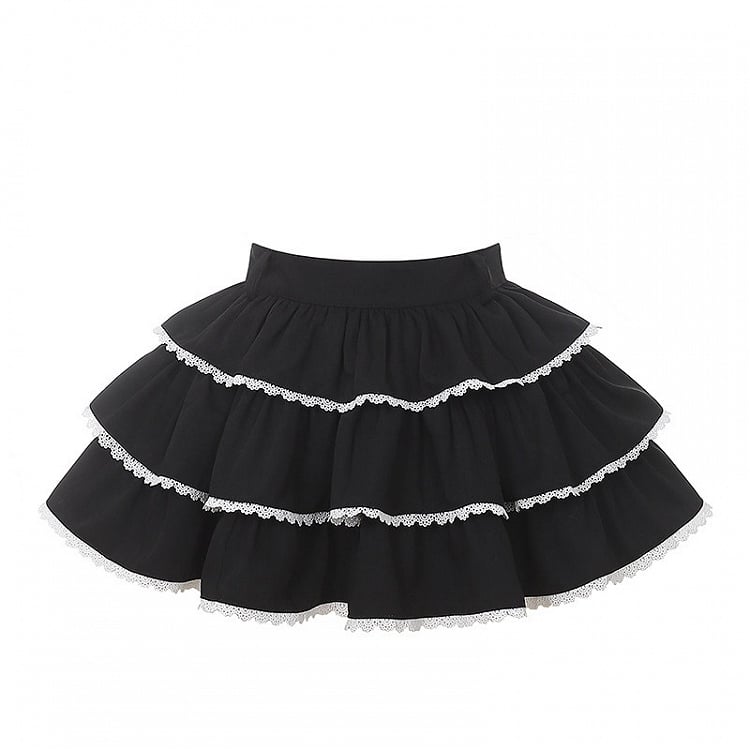 Black Tiered Skirt with Lace Trim - To Alice