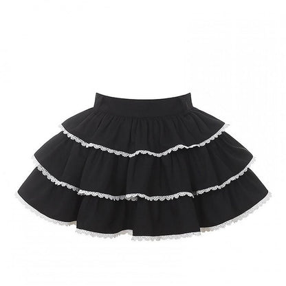 Black Tiered Skirt with Lace Trim - To Alice