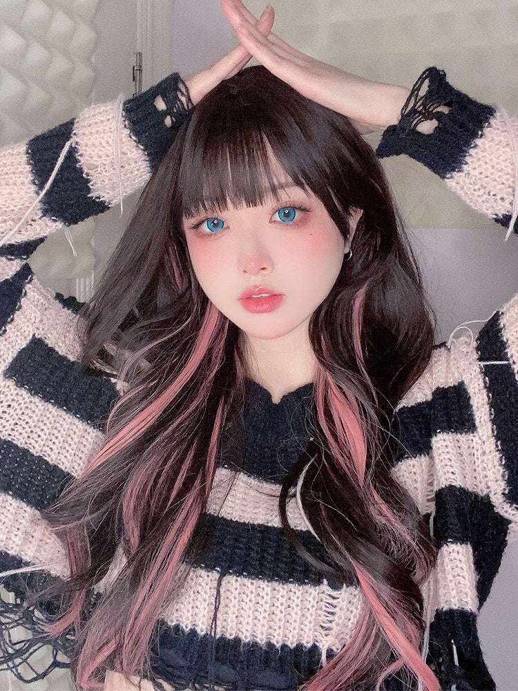 ピンクと黒のウィッグとウェーブヘア（長さ65cm、前髪あり）