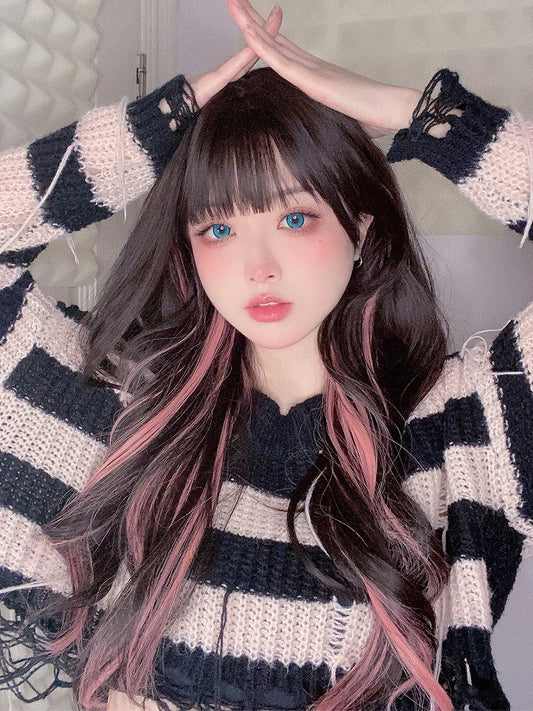 ピンクと黒のウィッグとウェーブヘア（長さ65cm、前髪あり）