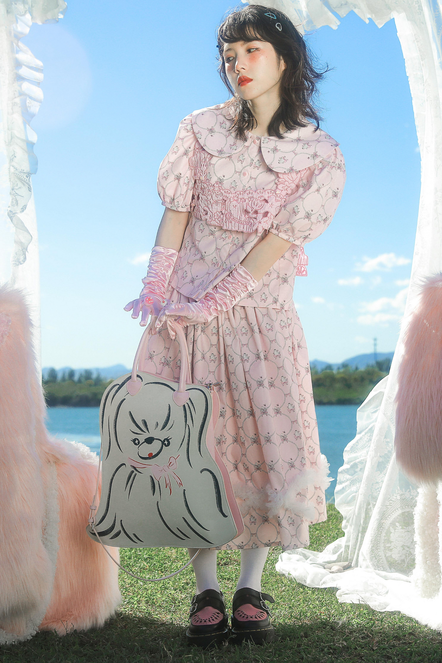 メッシュパールウェーブプリントピンクアニマルスカート