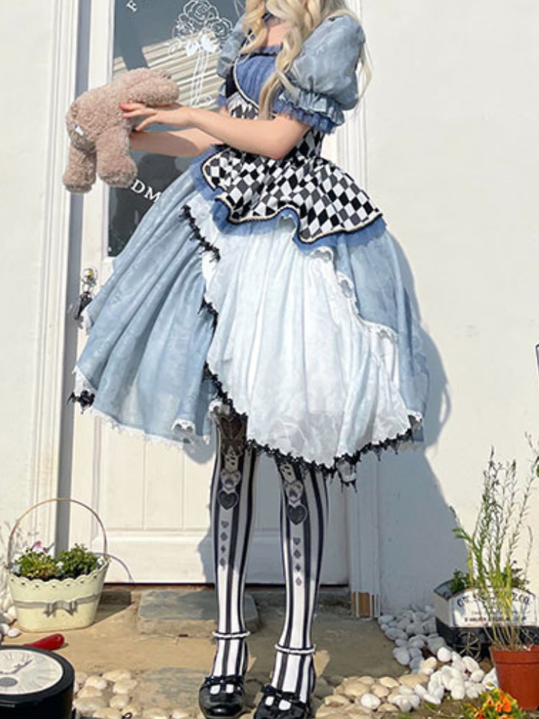 Blue Asymmetrical Design Checkerboard Lolita Dress Alice in Wonderland Vibes Long Version