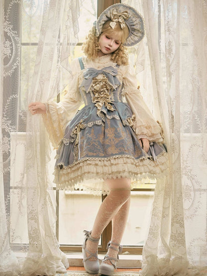 Blaues Samt-JSK-Kleid, Lolita-Stickerei, Schleifen, Dekoration, Kerze/