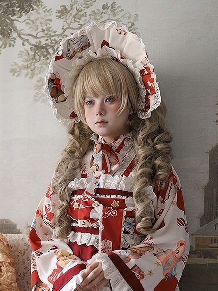 Wine Bear Bonnet Print Red/Beige Lolita