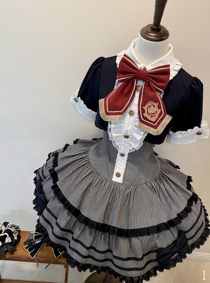 Monochrome Preppy Striped Two-Piece Gown with Crown Embroidery - Fairy Faith