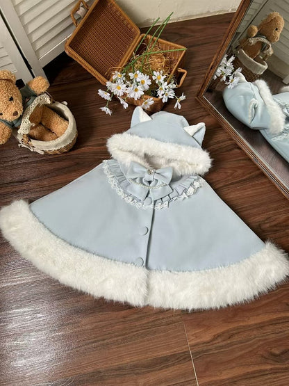 Fur Hooded Baby Cape Winter Blue Trim Woolen Lolita Faux Cat-Ear