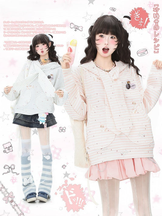 Adorable Puppy with Hoodie Blue/Pink Accents and Print Badge Striped