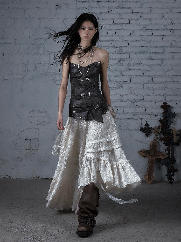 with Heart-Shaped Buckle Design Brown PU Bustier Top