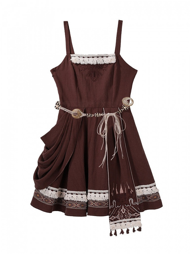 Brown & White Cape + Dress Set with Fringe and Waist Belt - Wasteland Style - Unknown Star