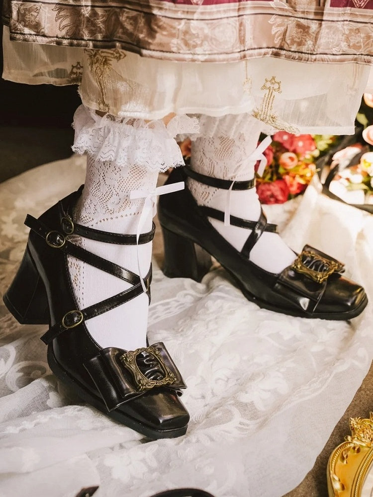 Bow - PU Top Mid Picture Elegant Toe Frame Lolita Vintage Black Heels at Design Square