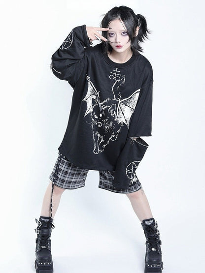 Dark Kawaii Black & White Hell Cat Graphic Embroidered Zip Sweatshirt - Tribuo Flos