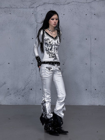 Pocket Top Pattern Punk Heart Rock Patch White with