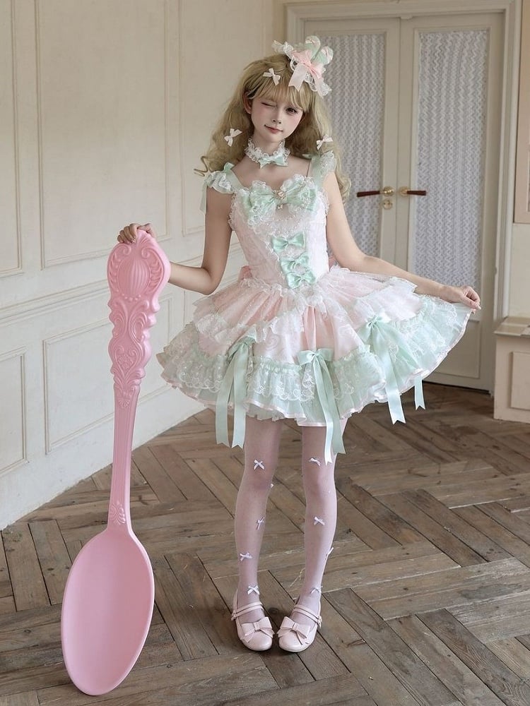 Pink & Green Multi-Layer Lace Lolita JSK Dress - Miss Han