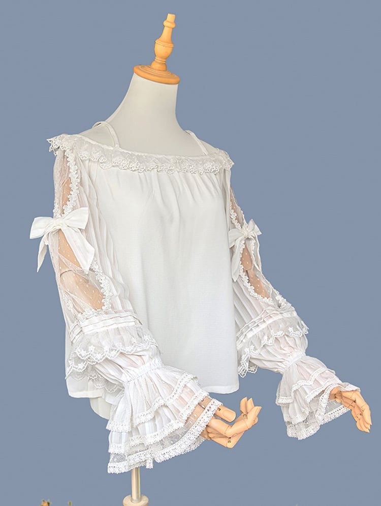 with White Sleeves Blouse and Off-the-shoulder Lace Trim Neckline Lolita Semi-sheer