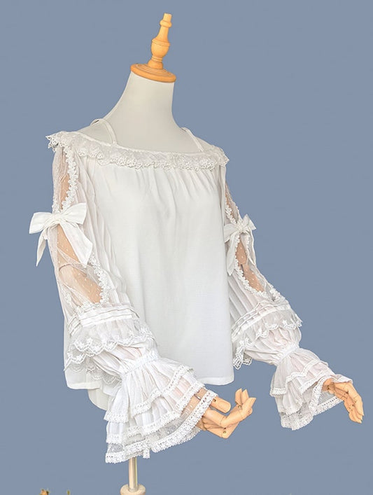 with White Sleeves Blouse and Off-the-shoulder Lace Trim Neckline Lolita Semi-sheer