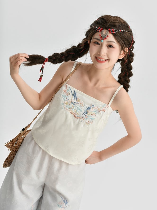 Top Bird Camisole mit Blumenmuster und Stickerei in Aprikosenrot