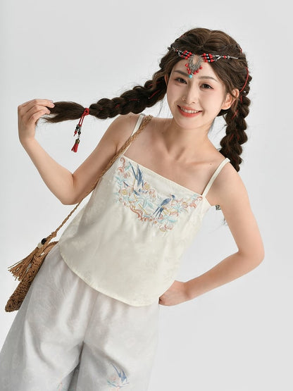 トップバードフローラル＆刺繍アプリコットキャミソール