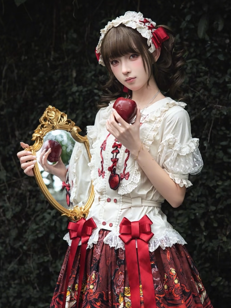 Beige Short-Sleeved Lolita Blouse with Lace Trim Self-Tie Accent - Forest Fairy Tales