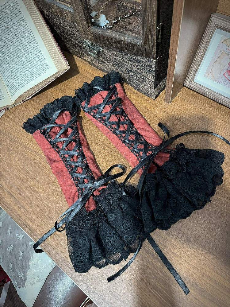 Black Red Lace Trimmed Lolita Wrist Cuffs with Strap Accents - Forest Fairy Tales