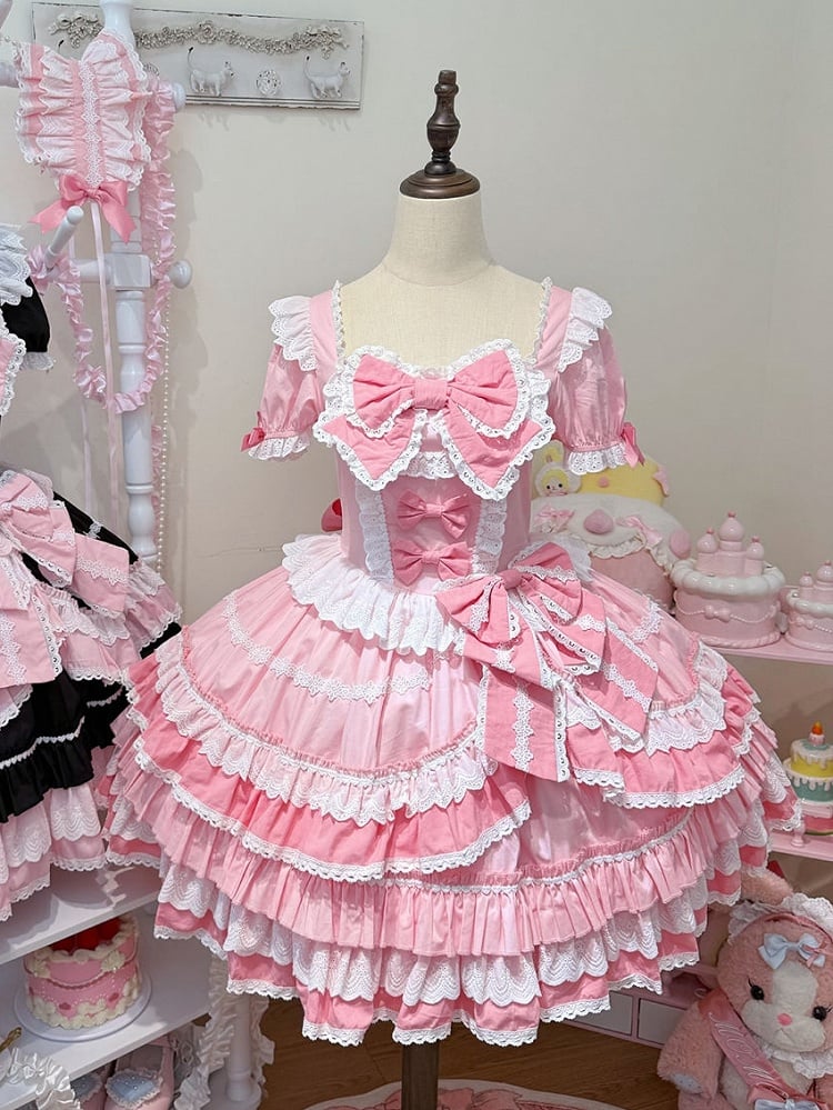 Dress Pink Sweet Lolita Short Piece One Sleeves Bow Accents