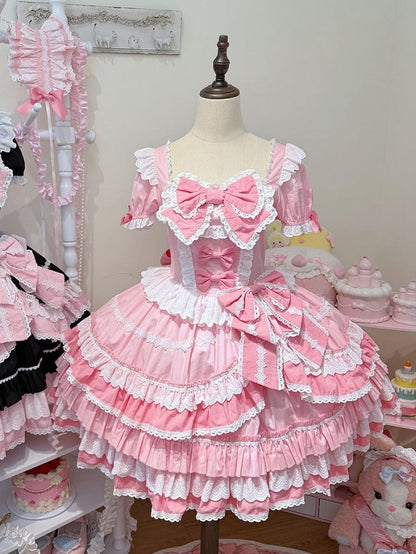 Kleid Pink Sweet Lolita Kurzes Stück Ein Ärmel Schleife Akzente