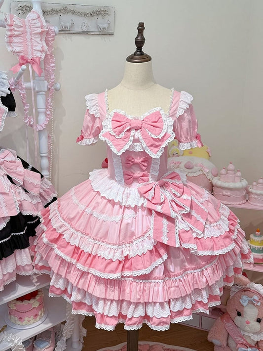 Kleid Pink Sweet Lolita Kurzes Stück Ein Ärmel Schleife Akzente