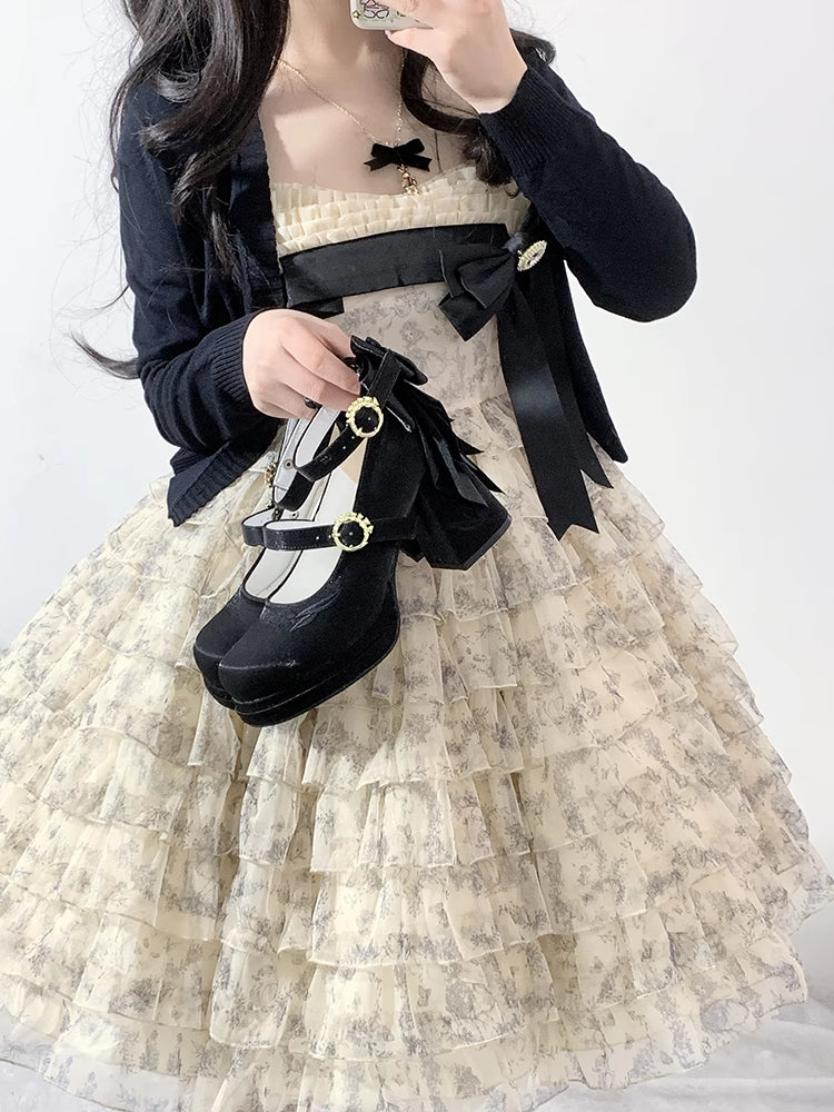 Janes Abnehmbare Lily Valley Middle Heels Mary Bowknot der Stickerei die Schwarz