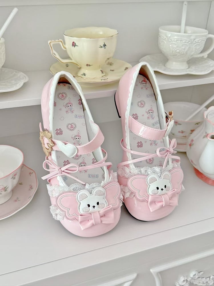 Lolita Mary Pink Bear Details Heart Sweet with Winged Janes Low-heel Accents