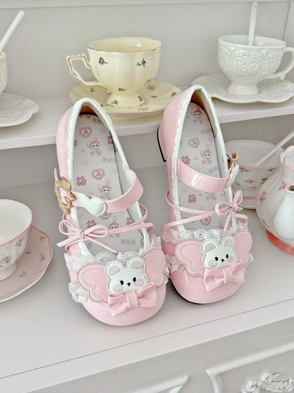 Lolita Mary Pink Bear Details Heart Sweet with Winged Janes Low-heel Accents