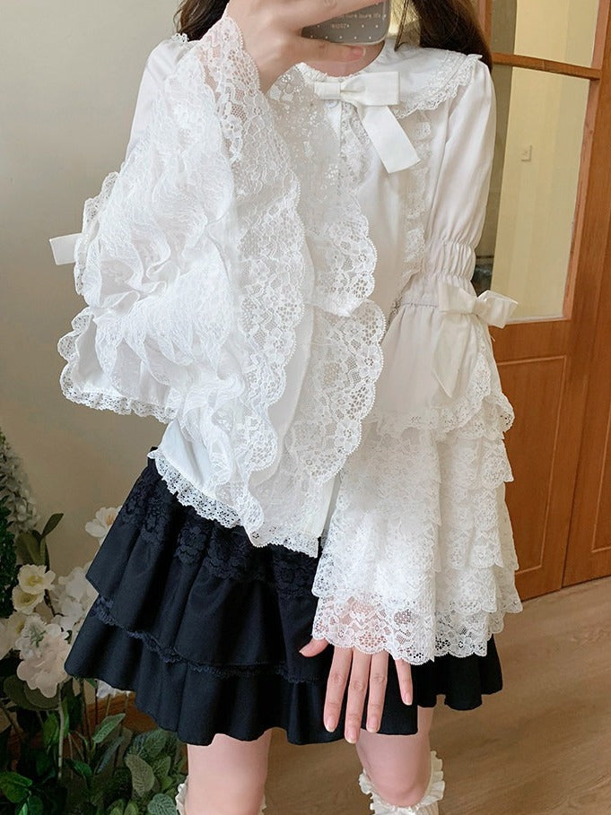 White Gothic Lolita Blouse with Flared Sleeves and Lace - Lan Jian Chuan