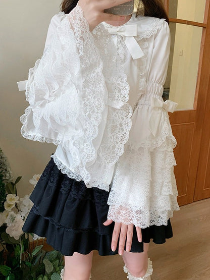 White Gothic Lolita Blouse with Flared Sleeves and Lace - Lan Jian Chuan
