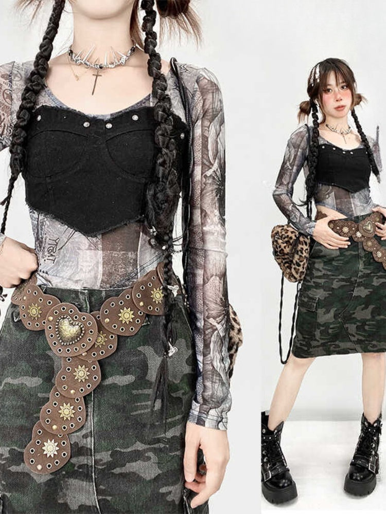 ミラードファッション ブラウン ウェイストランドパンク ハート型スタッズウエストベルト