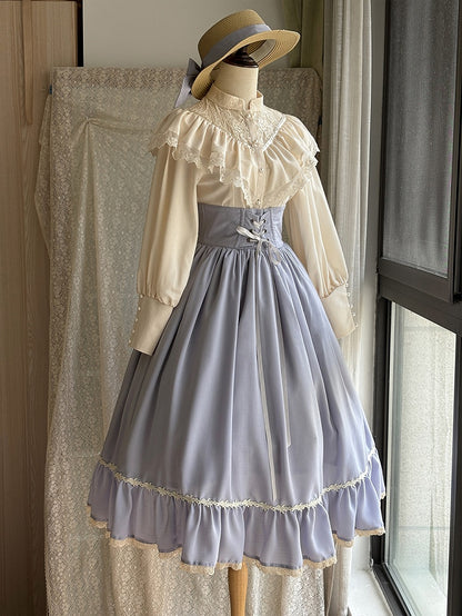 Light Gray Boned High Waist Elegant Classic Lolita Skirt with Lace Trim