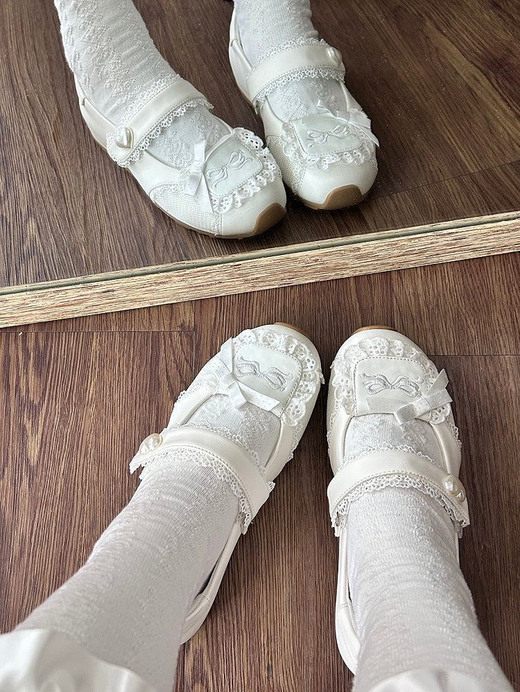 Heart-Adorned Bow Velcro Trim Sweet - Details Flat Lolita Lace Straps White Shoes