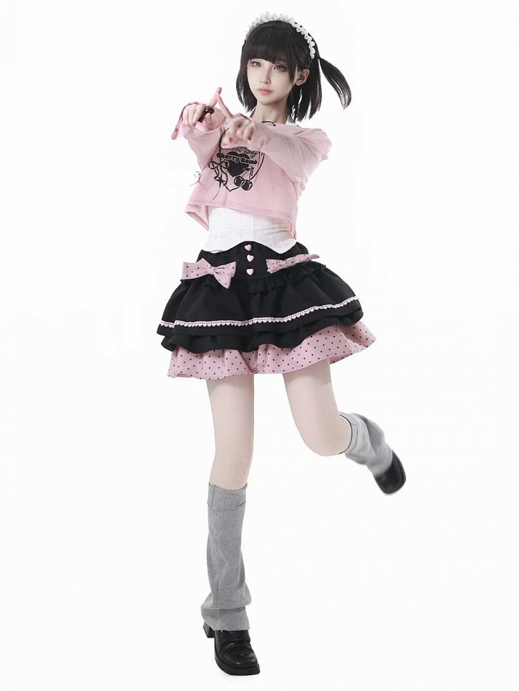 Tiered Skirt with Detachable Bows Black and Pink Polka-dot Pattern
