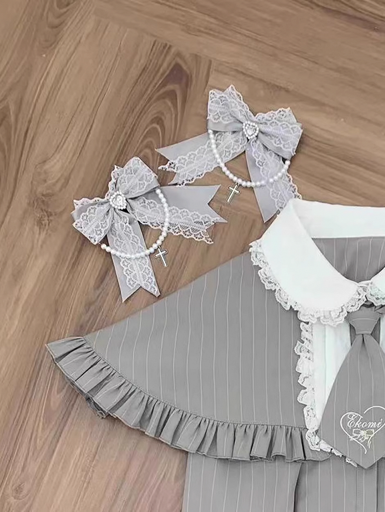 Hairclips Bow Chain with Cross Gray Dangling - Beaded Kawaii Kei Gothic Jirai
