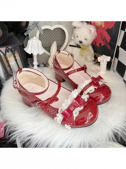 Straps Mary Red Mid Toe Round Jane - Bow Butterfly Ankle Lolita with Heel Style Sweetheart Shoes