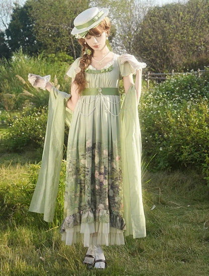 Skirt Print Waist Short Lolita Oil Sleeves Painting Elegant Dress Green Empire