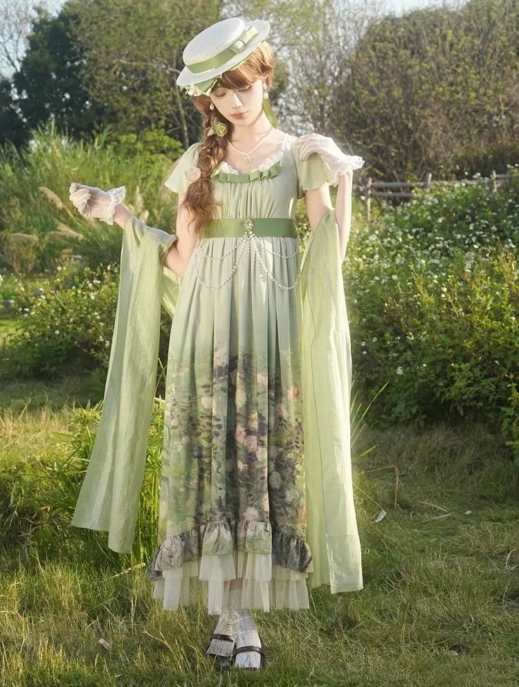 and Flower Decorated Ribbon Creamy Green White Hat