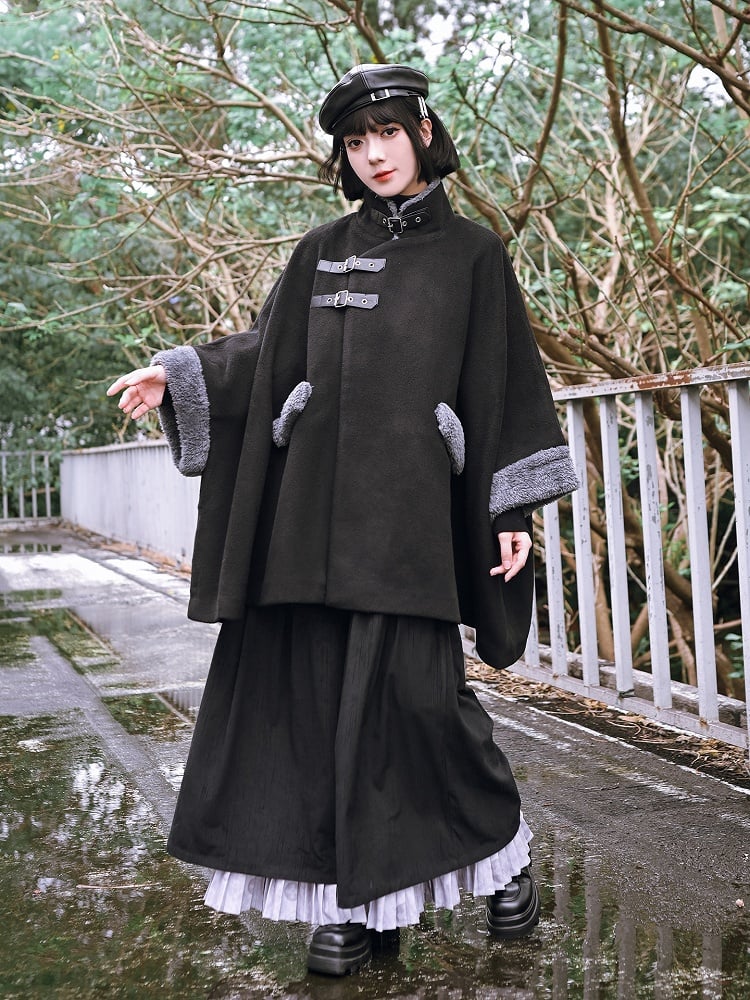 + PU Collar Cheongsam Cape Black Gothic with Coat Buckles Faux Cuffs Regular/Thicken Fur