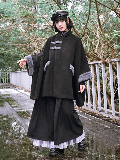+ PU Collar Cheongsam Cape Black Gothic with Coat Buckles Faux Cuffs Regular/Thicken Fur