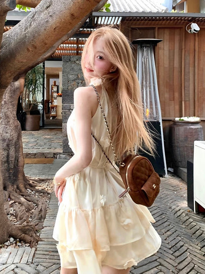 Milk Yellow Halter Dress with Floral Accents - Qchiwawameme