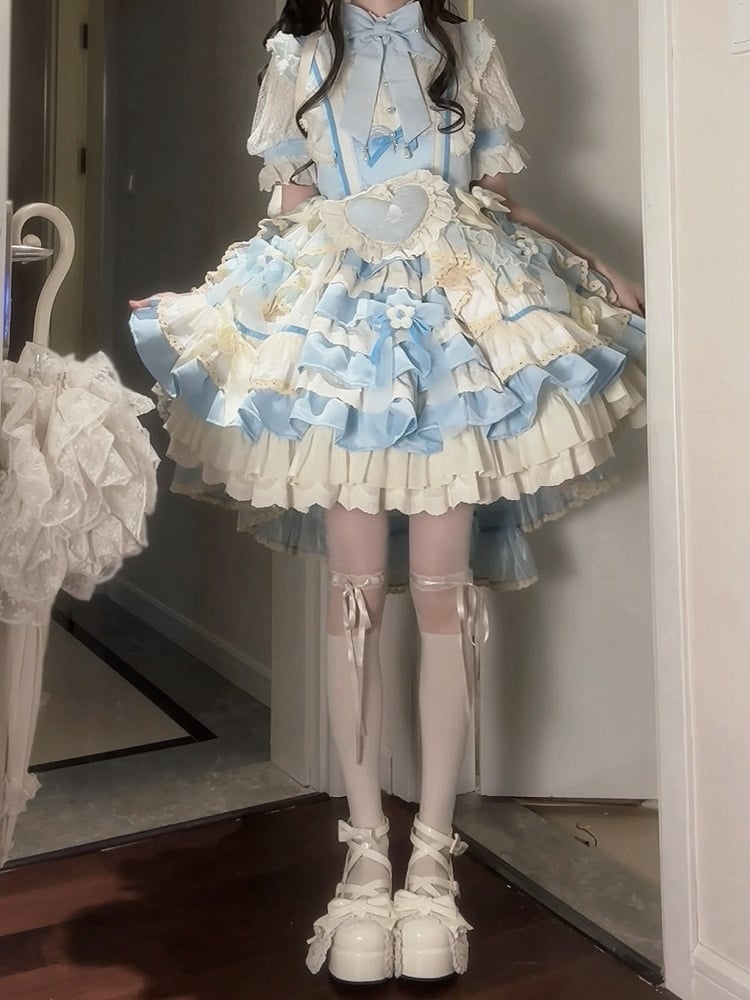 Kleid Taille Tiered Rüschen Lolita Blau Dekoration Bowknot Hohe Süße Rock