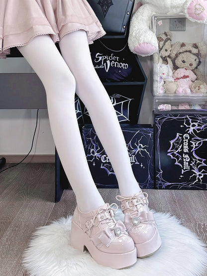 Kei Heels Janes Embroidery Rhinestone Toe Jirai - PU Cross Bow with Pink Mary Heart Platform