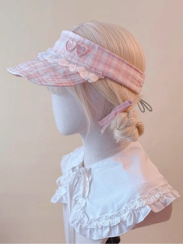 Lace Heart Cap Buttons Visor Pink and Plaid Adorned with