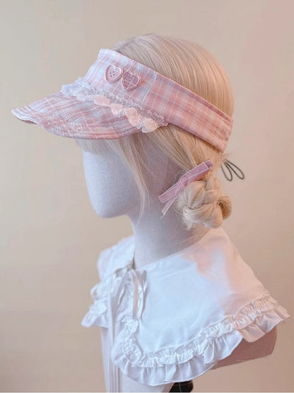 Lace Heart Cap Buttons Visor Pink and Plaid Adorned with