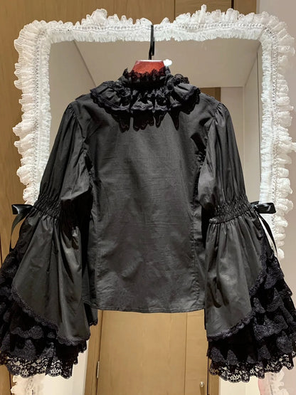 Layered Black Lolita Cotton Gorgeous Lace Bell Sleeves Blouse